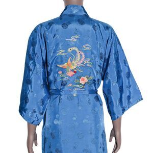 Vintage Embroidered Kimono Robe Floral‎ Tie Waist Boho Loungewear